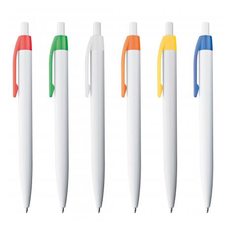Beli plastični kemični svinčnik z barvno sponko